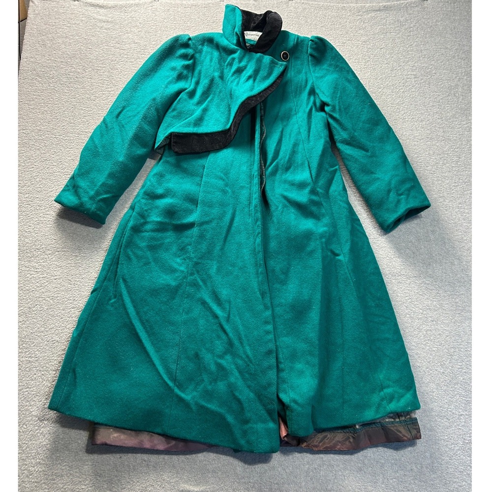 Rothschild Dress Coat Women Size 14 Teal Wool Made USA Black Trim Vintage Formal